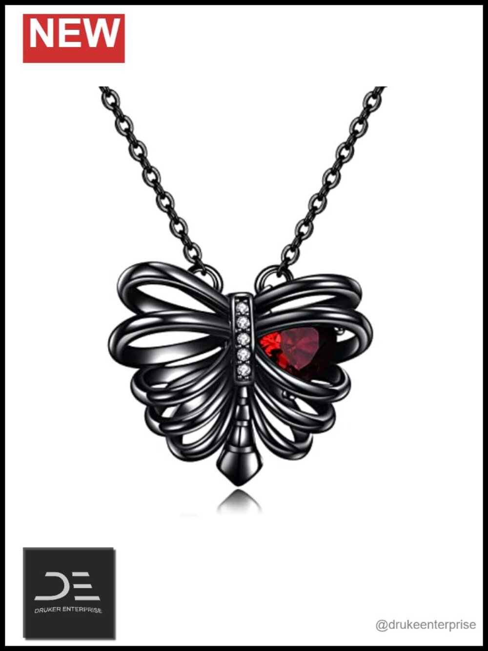 Sterling Silver Gothic Rib Cage Necklace Pendant with Crystal Heart